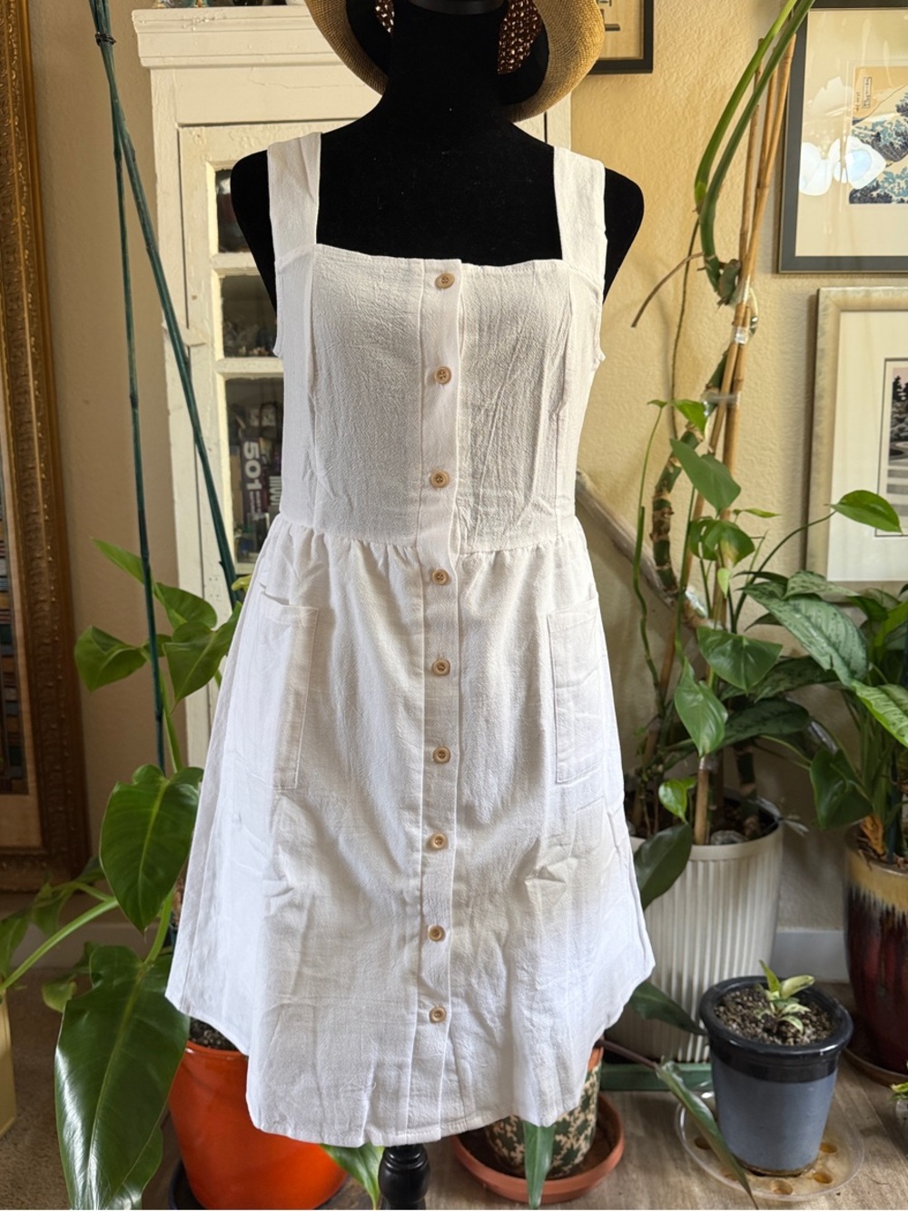 White Button-Front linen dress with Pockets